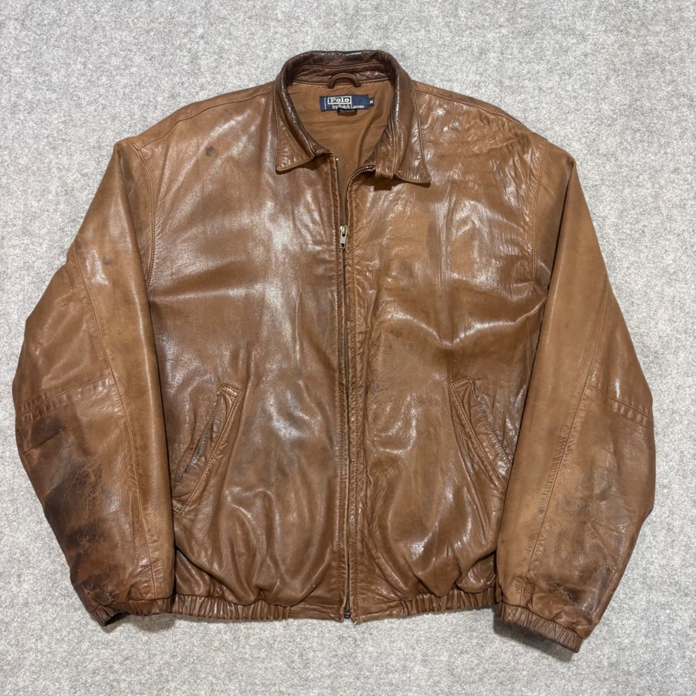 Polo Ralph Lauren Vintage Brown Leather Bomber Jacket Mens XL Distressed Zip Up